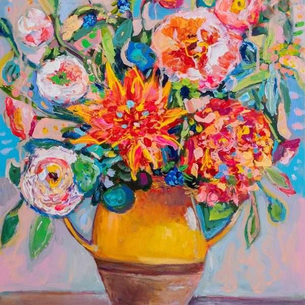 Where Love Finds Balance by Vania Goshe is a vertical painting depicting a colourful arrangement set against a pink wall.