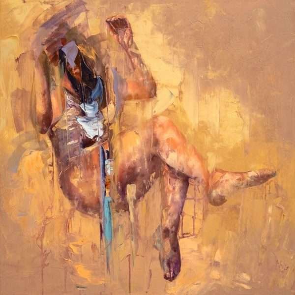 Submerged Solitudes Series 2026 No.1 is a painting by Micko which is predominantly a warm gold yellow and beige background with a female figure submersed as if she just jumped in the water, but here seen as if in the sky in zero gravity